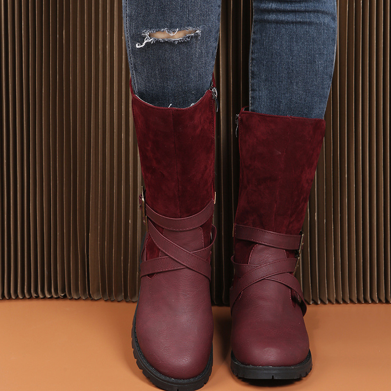 Damenschuhe, Martin-Stiefel mit mittlerer Röhre, Gürtelschnalle, runder Kopf, niedriger Absatz, Ritterstiefel mit seitlichem Reißverschluss, Lederstiefel_voghion.com