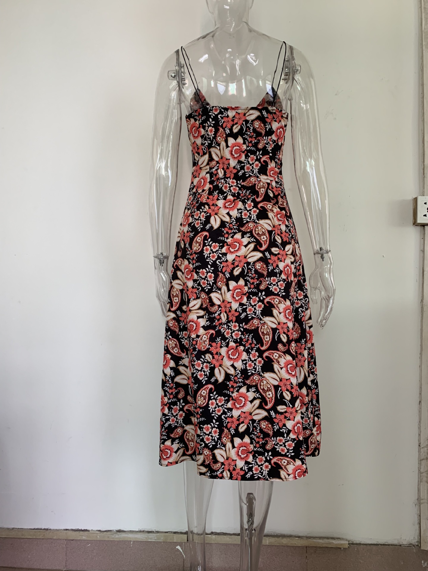 Dress Summer Floral Print Slit V neck Low Cut Sexy Sling Dress