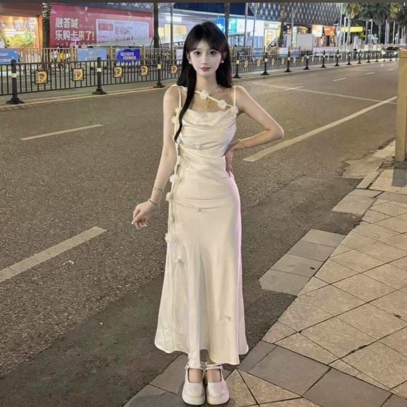 Высококачественное женское платье на подтяжках с цветочным воротником, летняя атласная длинная юбка в стиле богини, утягивающая талию и облегающая бедра юбка