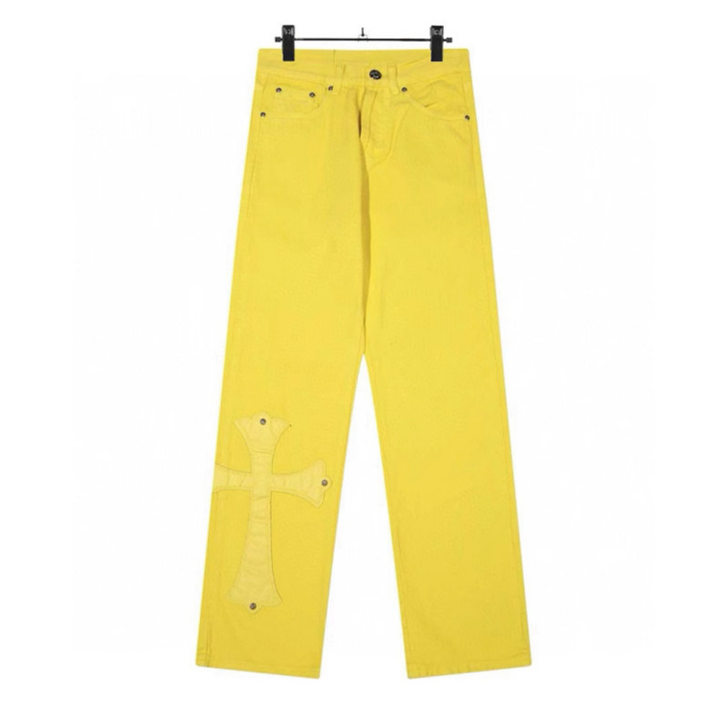 High version Chrome Hearts gram Luo limited big leather standard dopamine yellow jeans for men and women with new models