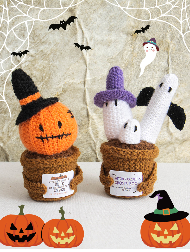 Halloween cross-border new funny expression dolls, positive energy woolen knitted ghost ornaments, potted plant card dolls pic 3