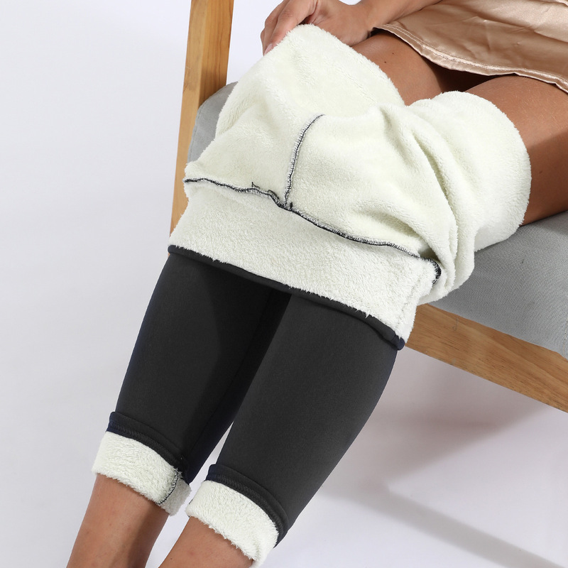 Autumn and Winter Lamb Wool Leggings for Women, Fleece-Lined, Thickened, High-Waisted, Plus-Size, Stretchy, Slim-Fit, Black, Suitable for Wearing Outside, Warm Cotton Pants