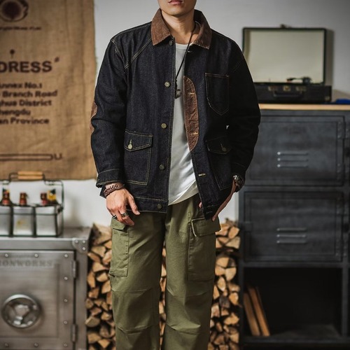 American Retro Heavy Workmanship Multi-Pocket Denim Jacket Color-Collage Irregular Splicing Japanese Style Men's Fashion Top