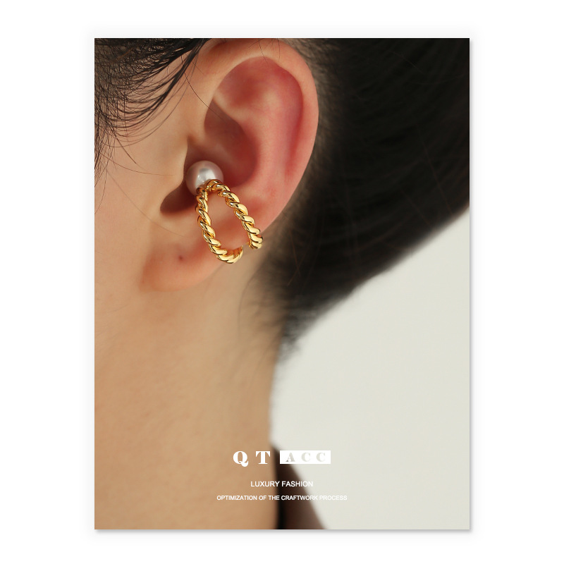 Latón 18K oro real/ZIRCON con incrustaciones de moda europea y americana ronda Twist doble línea perla earless oído hueso clip femenino