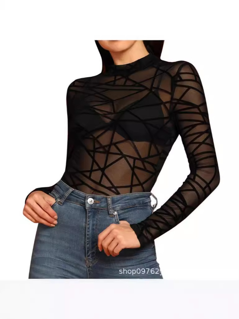 2024 new European and American hot girl mesh flocking tight mesh top