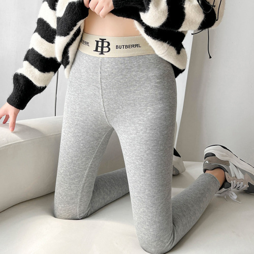 Women's Autumn/Winter Fleece Lined Warm Ribbed Vertical Striped Slimming B Letter Belted Outerwear Lamb Wool Leggings