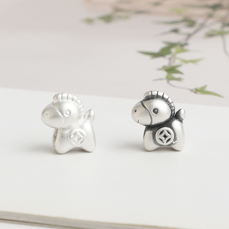 S999足银3D硬银金钱小马隔珠DIY串珠手链项链马上有钱散珠配件