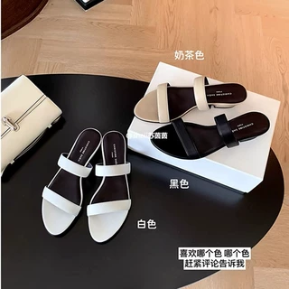 【牛皮版】row家女孩~超软小牛皮一字带粗跟拖鞋女凉拖鞋外穿夏季