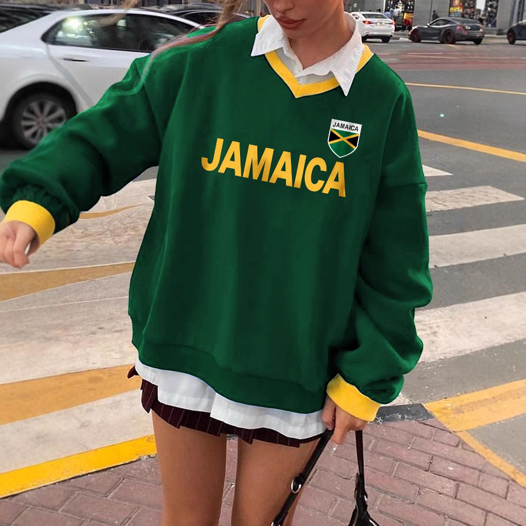 Felpa girocollo verde scuro autunno inverno stile americano con lettere di nicchia, slim e larga, da donna, stampa 3D_voghion.com