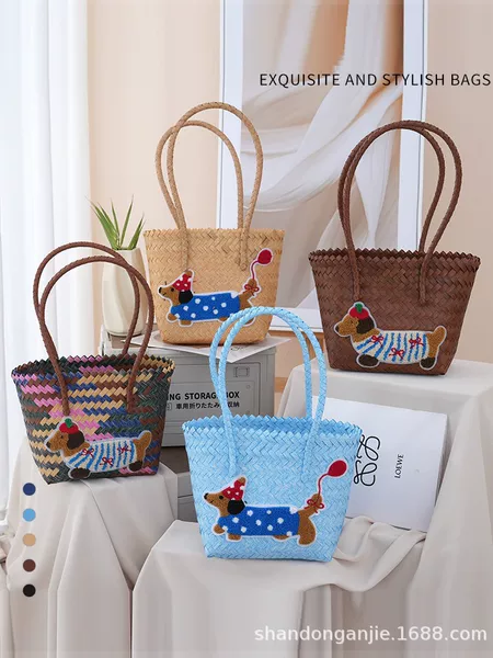 Vintage Pp Dachshund Woven Bag Gift Bag Colorful Dopamine Women's Handbag Beach Bag Casual Shoulder Bag