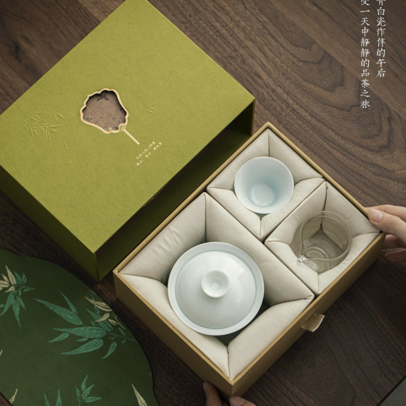 影青釉陶瓷功夫茶具套装青瓷盖碗茶杯整套礼盒装商务茶具伴手礼|undefined