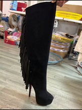 跨境欧美时装靴 圆头水台流苏侧拉链高筒大码女靴外贸women boots