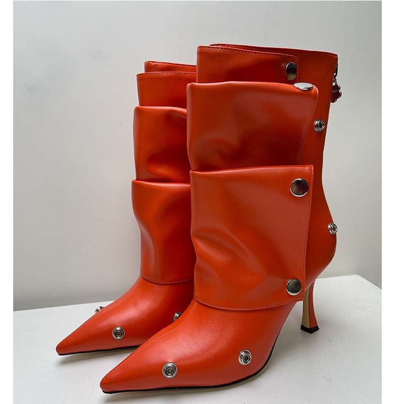 2024 European and American Women's Shoes New Style High-Heeled Pointed Toe Metal Stud Denim Patchwork Two-Way Wear Large Size Short Boots 2024 European and American Women's Shoes New Style High-Heeled Pointed Toe Metal Stud Denim Patchwork Two-Way Wear Large Size Short Boots