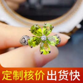天然橄榄石戒指5*7mmS925银镶嵌配钻防过敏精致珠宝礼物跨境