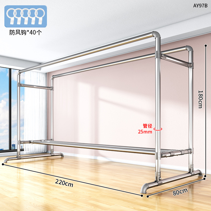 AY97B-heating 파이프 코트 랙 더블로드 길이 2.2 m 높이 1.8 m "40 개의 방풍 후크를 무료로 받으세요"