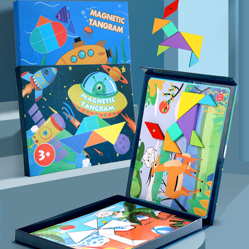 Educación temprana para niños pequeños desarrollo de pensamiento lógico mágico magnético de madera en forma de corazón siete puzzles de juguetes al por mayor