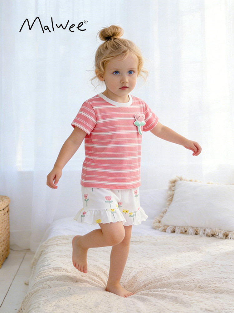 Transfronterizo malawee ropa de niñas de moda set de verano nuevo estilo europeo y americano para niños a rayas de manga corta set de dos piezas