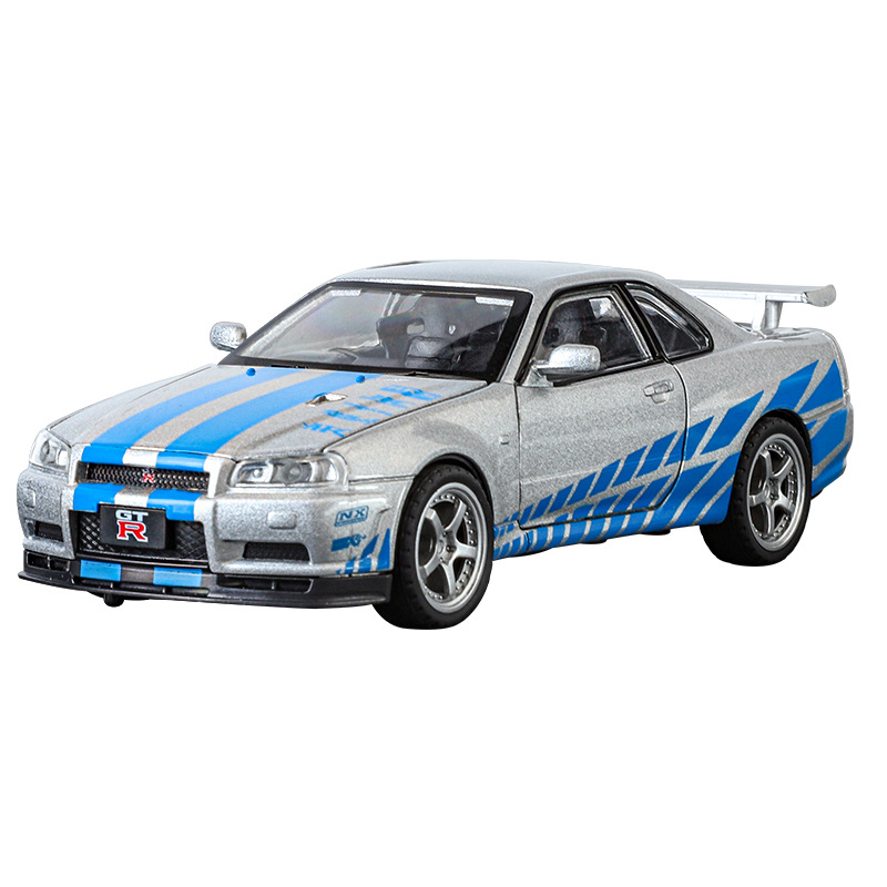(2개) JIN LIFANG 1:32 ARES GTR R34 럭셔리카 로고 시뮬레이션 합금 자동차 모델 장식품 장난감 자동차 ACOUSTO-OPTIC 파워 카
