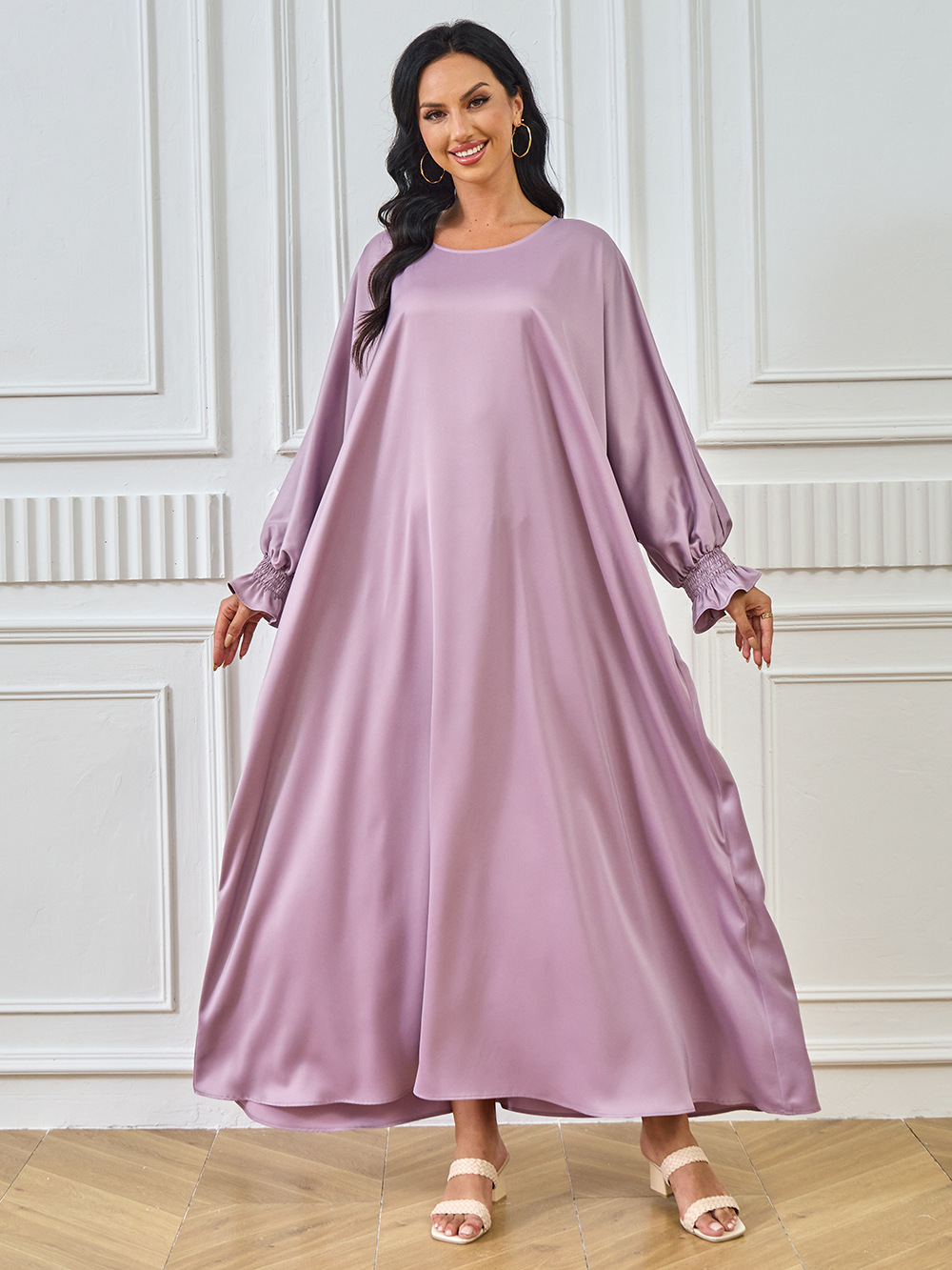 2024 New Cross-Border Abaya Dubai Muslim Middle Eastern Women's Long Robe Solid Color Dress_ecoleips.com