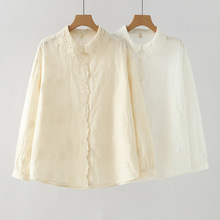 日系森女系 重工刺绣蕾丝花边女士长袖衬衫 提花翻领衬衣开衫上衣