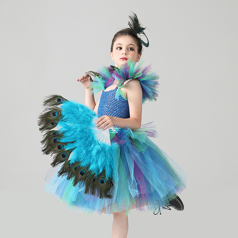 Cross-Border Peacock Princess Dress Peacock Feather Girls' Tulle Tutu Dress Carnival Festival Performance Dress Gown