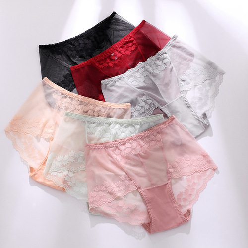 Cross-border European and American plus-size sexy lace underwear high-waisted mesh breathable triangle thong factory wholesale 9002