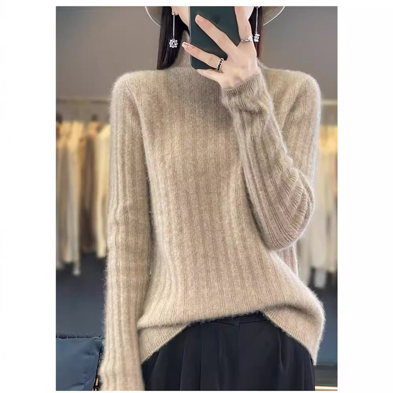 Autumn and Winter New 100 Jing Ao Wool Sweater Women's Half-turtleneck Knitted Pit Slimming Shirt Long-sleeved Base Shirt