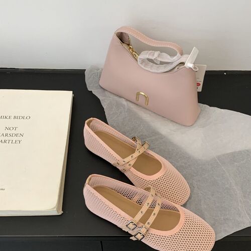 Hollow mesh face sandals for women, 2025 spring new cool one-strap round head flat shallow Mary Jane single shoes