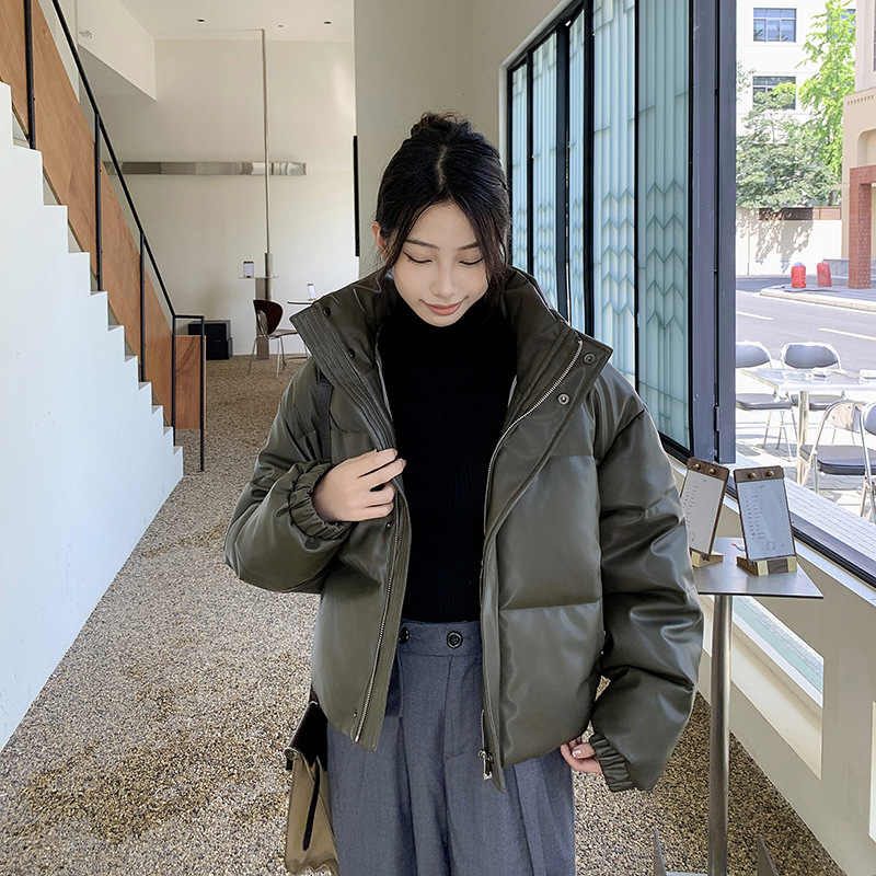 中欧美新短款2024小个子立领羽绒棉服女PU皮加厚棉袄棉衣外套潮流|undefined