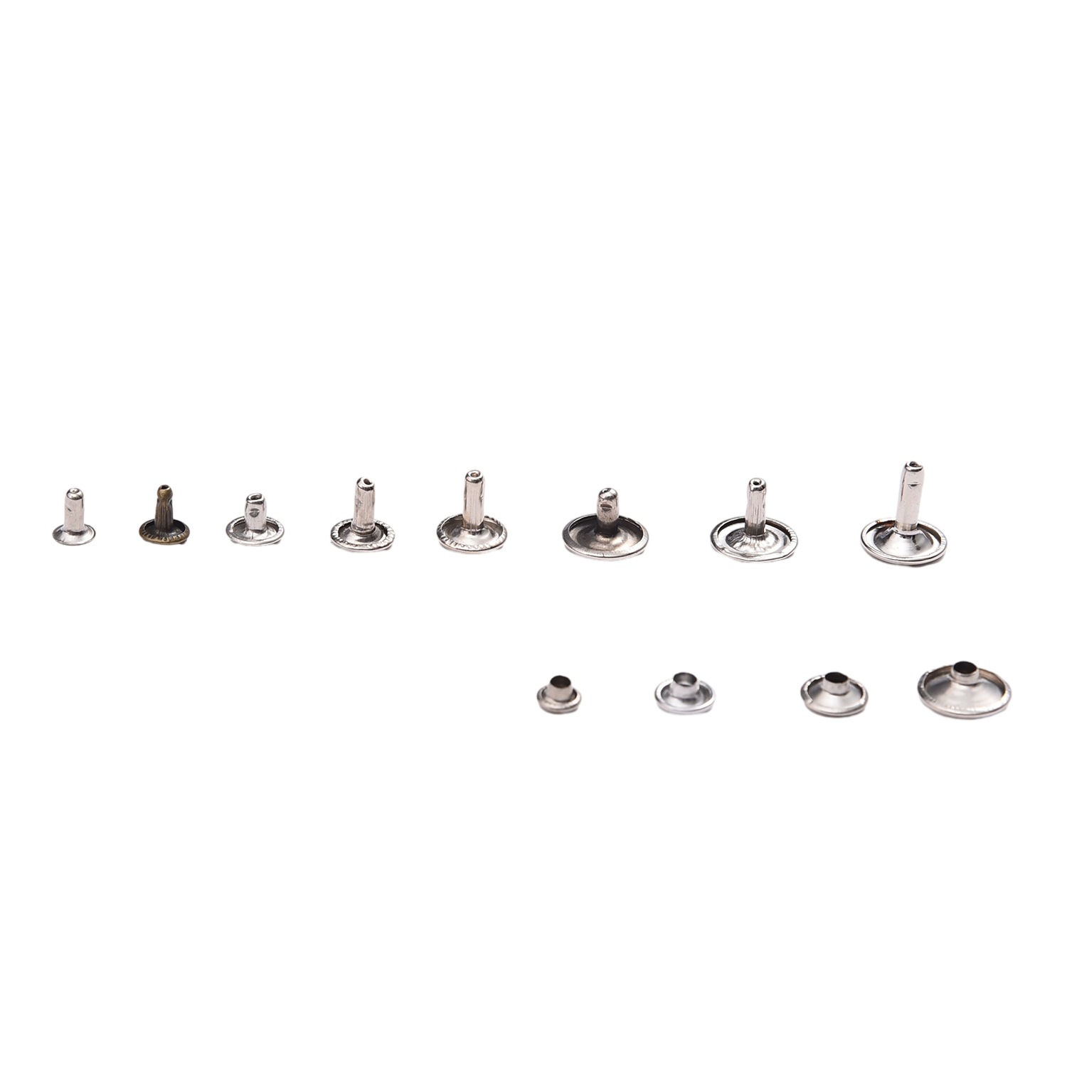 Fábrica directa multi-especificaciones de remaches de doble cara metal redondo plateado pinchazo de metal accesorios de bolsas de color spot