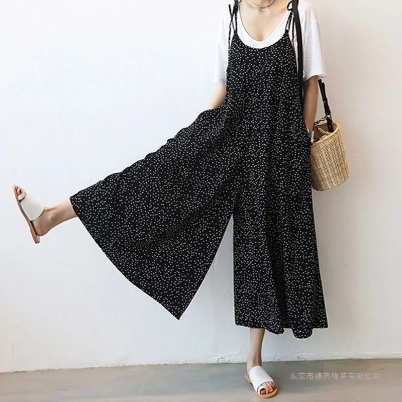 Women's Wide-Leg Jumpsuit Skirt 150kg New Summer Korean Style Polka Dot Suspender Cropped Pants Casual Loose Overalls