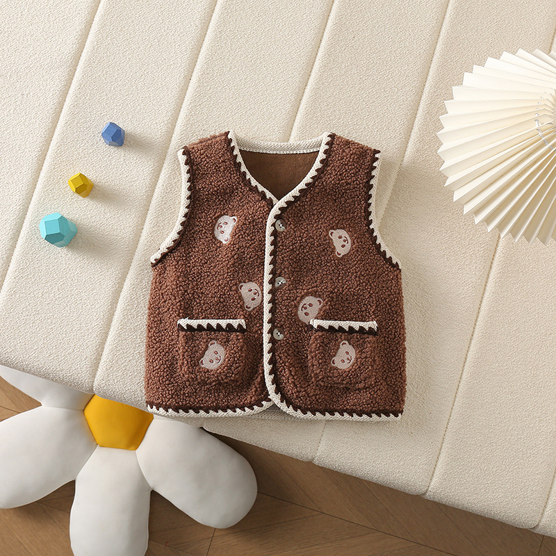 Chaleco para niñas modelos de otoño e invierno nuevo estilo estilo occidental bebé niña niños bordado de doble bolsillo oso ropa exterior chaleco de todo fósforo más terciopelo