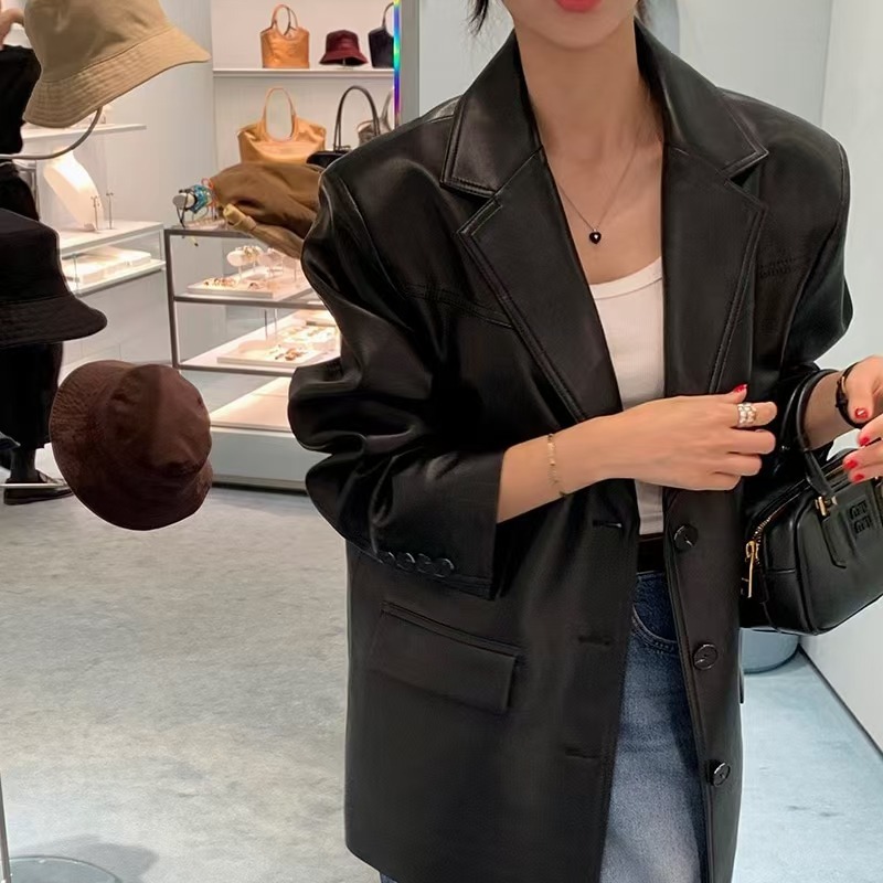 复古宽松黑色PU皮衣西装外套女2026秋季新款高级质感休闲西服上衣