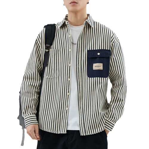 Men's Spring and Autumn New Retro Striped Long Sleeve Shirt Trendy Collar Shirt Colorful High-End Casual Matchable Top