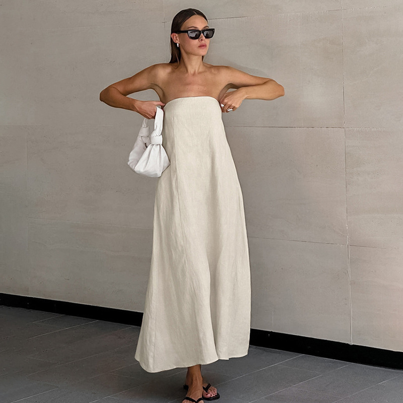 2026 Summer European and American Sexy Khaki Cotton Linen Strapless Dress Women's Vacation Casual Ramie A-Line Dress Women's Clothing 2026 Summer European and American Sexy Khaki Cotton Linen Strapless Dress Women's Vacation Casual Ramie A-Line Dress Women's Clothing