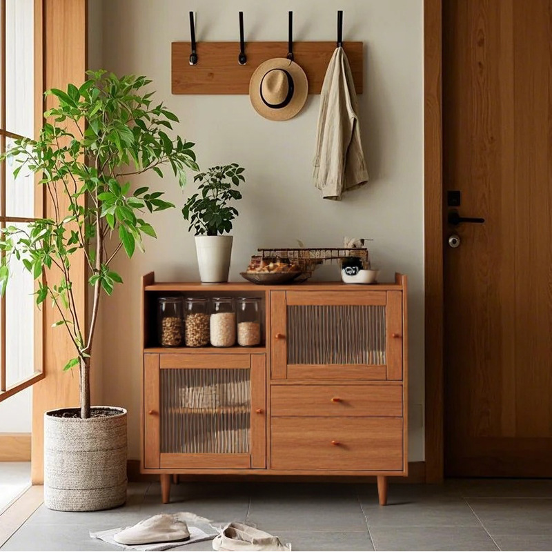 Japanese-Style Sideboard All-Solid Wood Wall-Mounted Integrated Storage Cabinet Nordic Simple Living Room Dining Room Cupboard Tea Cabinet Home