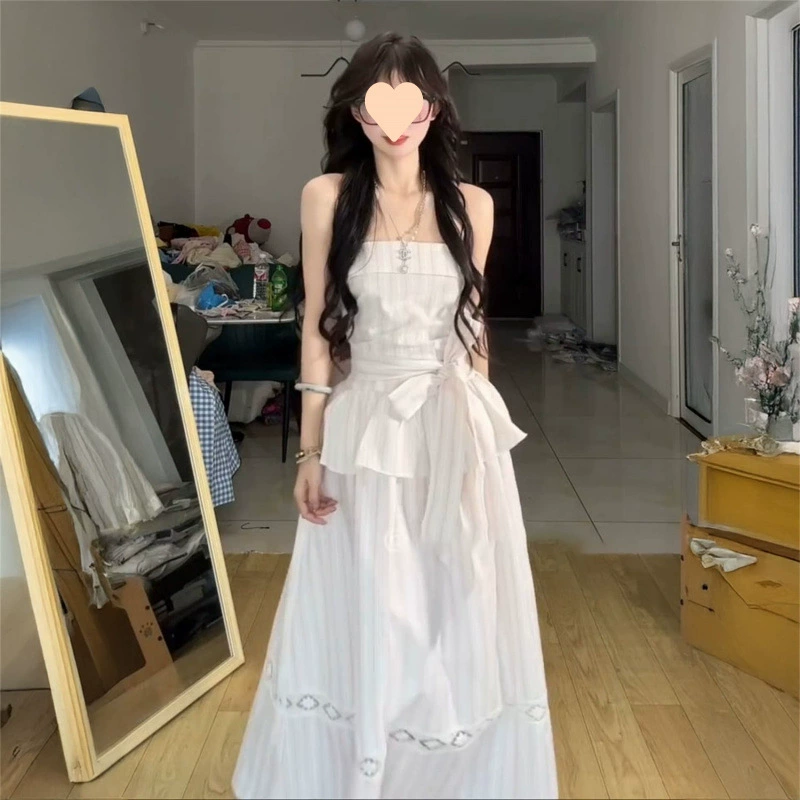 Летнее платье-топ без рукавов в полоску в французском стиле, имитация двухслойного кружевного дизайна, длинная юбка на талии для женщин