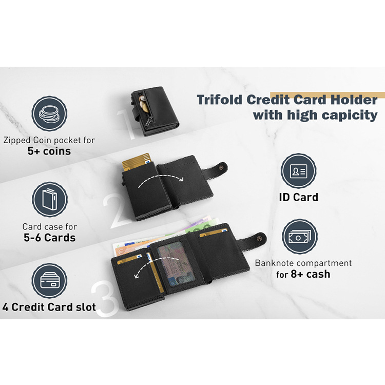 Nuevo cross-border empuje lateral caja de aluminio RFID billetera de cuero comercio exterior bolsa de tarjetas de aleación de aluminio de cuero cremallera bolsa de cambio