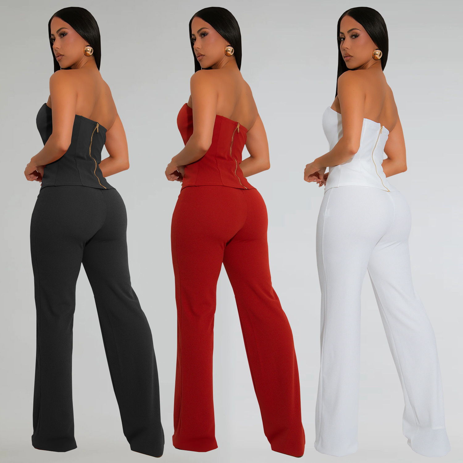 C7367 Cross-border AliExpress Amazon Ropa de mujer de moda europea y americana Top de tubo sexy Botón dorado Pantalones de brazo de dos piezas