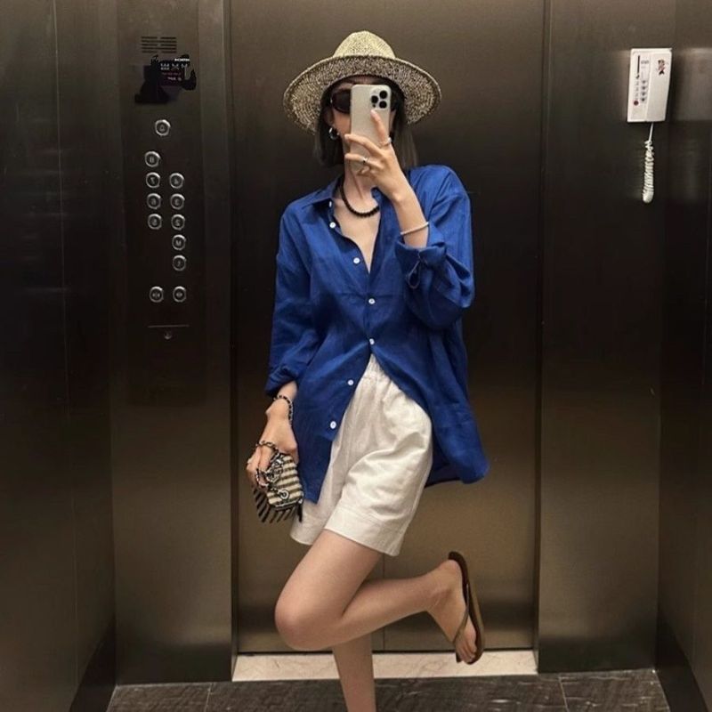 法式白色亚麻长袖衬衫女夏季薄款宽松老钱风棉麻衬衣外搭防晒上衣|undefined