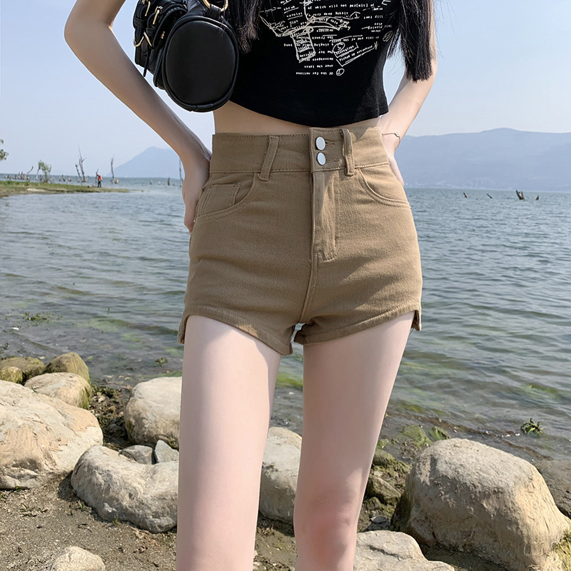 khaki Denim Shorts Women's Summer New High Waist Slimming Outer Wear White Short Leg Long Hot Pants