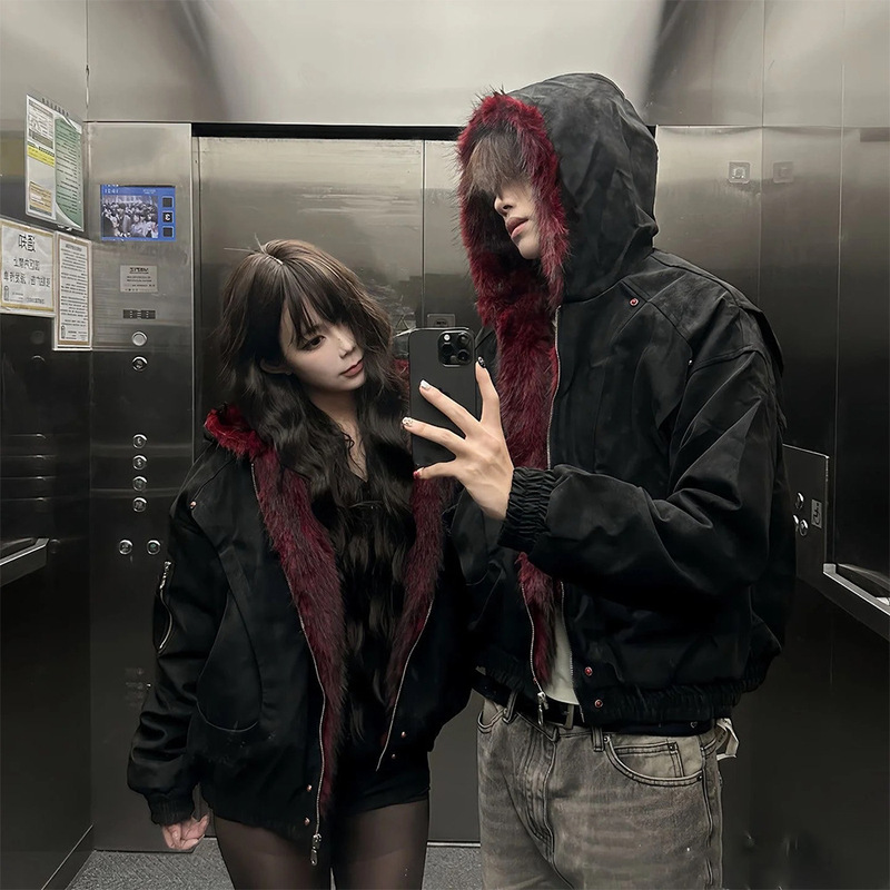 Heavyweight Fourth Generation Zuo Shan Diao Cotton Jacket with Red Fur Collar, American Retro Pu Leather Cotton Coat, Fleece-Lined, Thickened, Warm Men's Jacket
