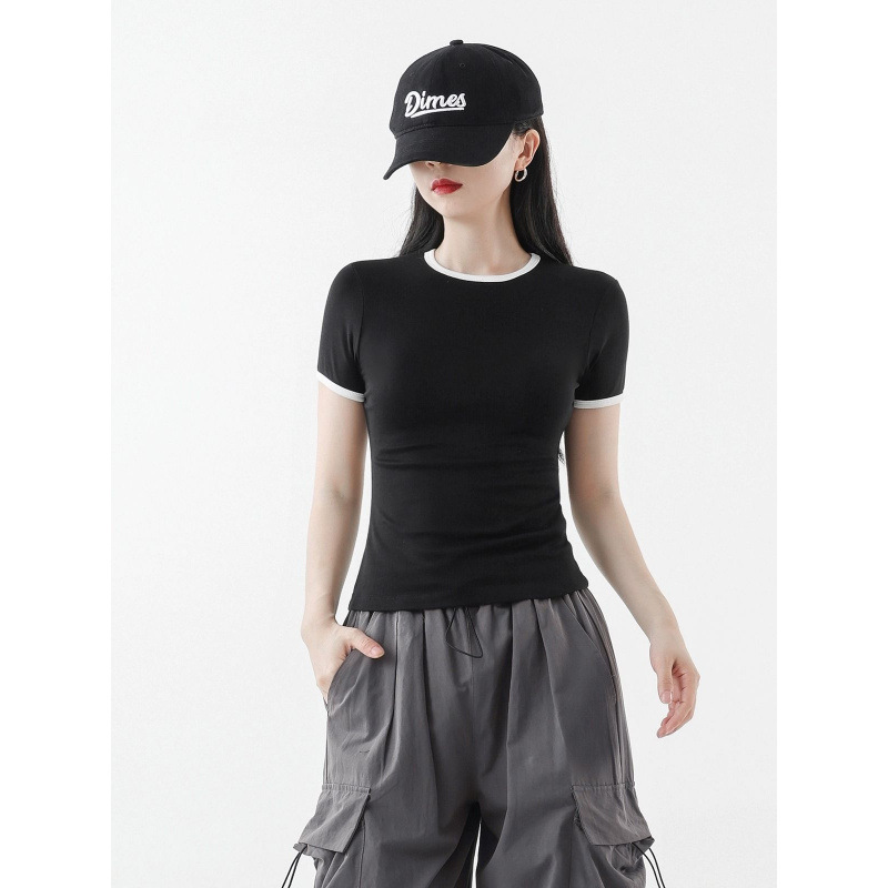 Super Nice Slim Fit Right Shoulder T-Shirt, Sports Breathable Body Shaping Slimming Look Short-Sleeved Jazz Dance Short Top Bottoming Shirt