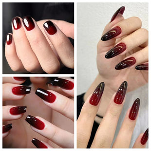 30 Pieces of French Gradient Smudged Manicure Burgundy Ice-Transparent Wearable Nails Removable Finished Fake Nail Patches