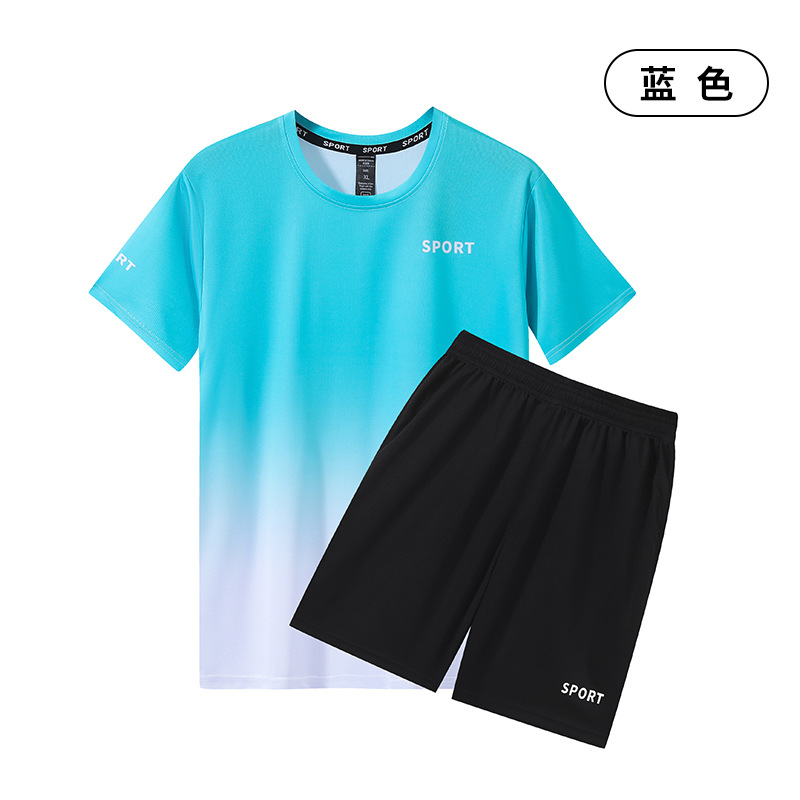 Trajes de deportes de ocio transfronterizos para hombres rápidos secos de manga corta correr transpirable acondicionamiento físico de verano de dos piezas ropa de transporte de seda de hielo gradiente