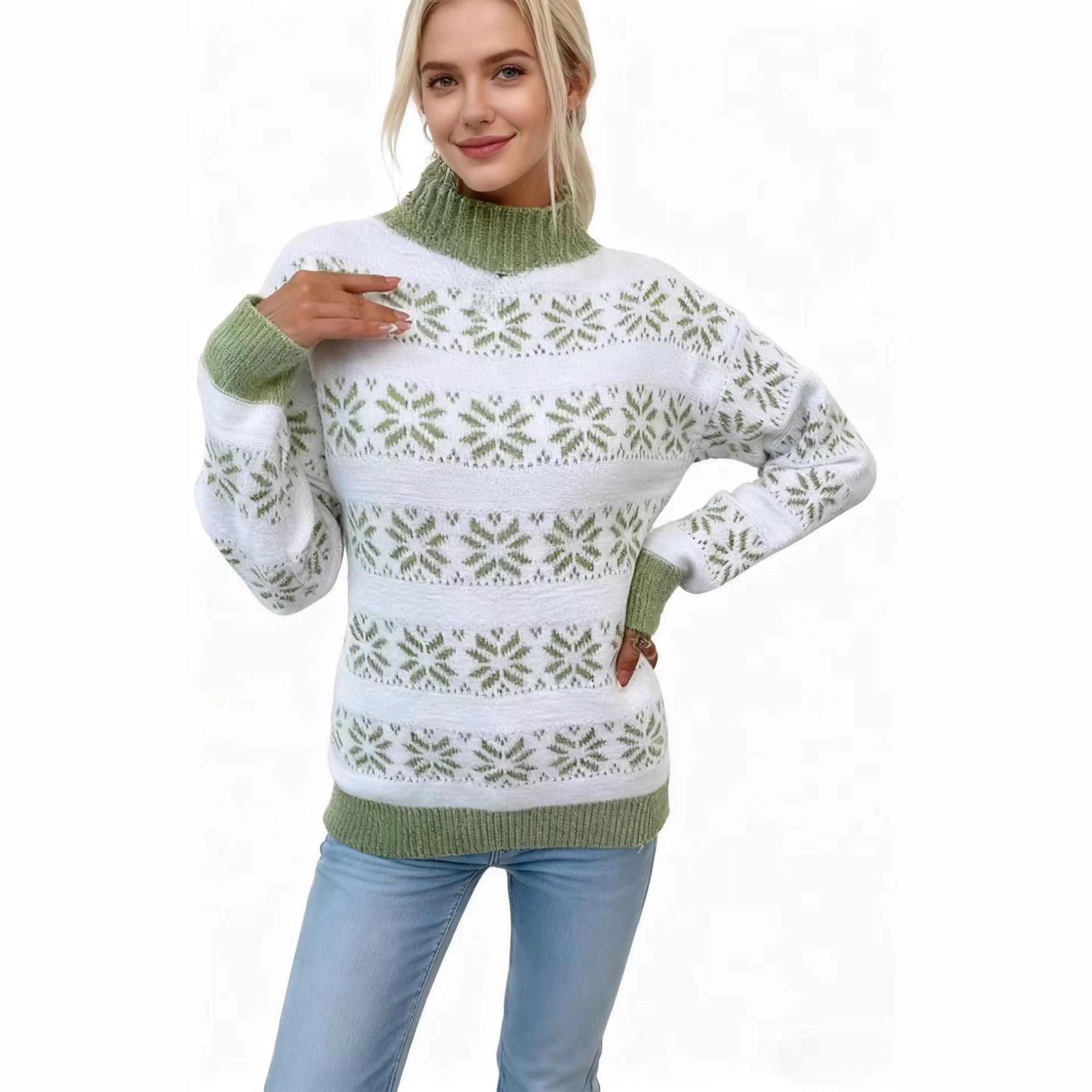 Модный женский свитер с высоким воротом и узором «снежинка» для трансграничной торговли, осень-зима 2025, в европейском и американском стиле