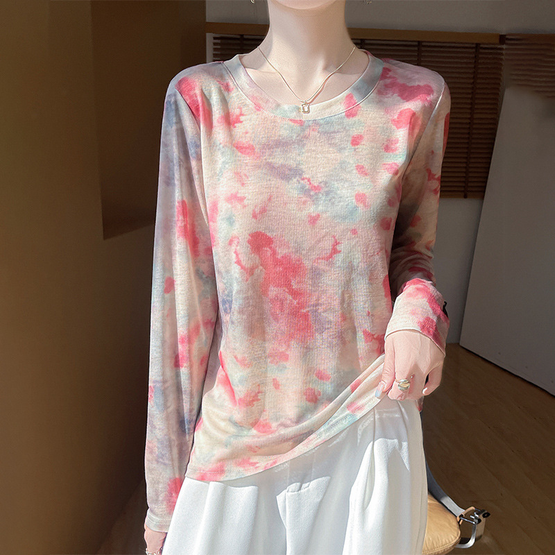 Cross-Border Wholesale 2025 Summer Women's Tie-Dye Printed Casual Round Neck Long-Sleeved Bottoming Shirt Knitwear Top Women's Summer