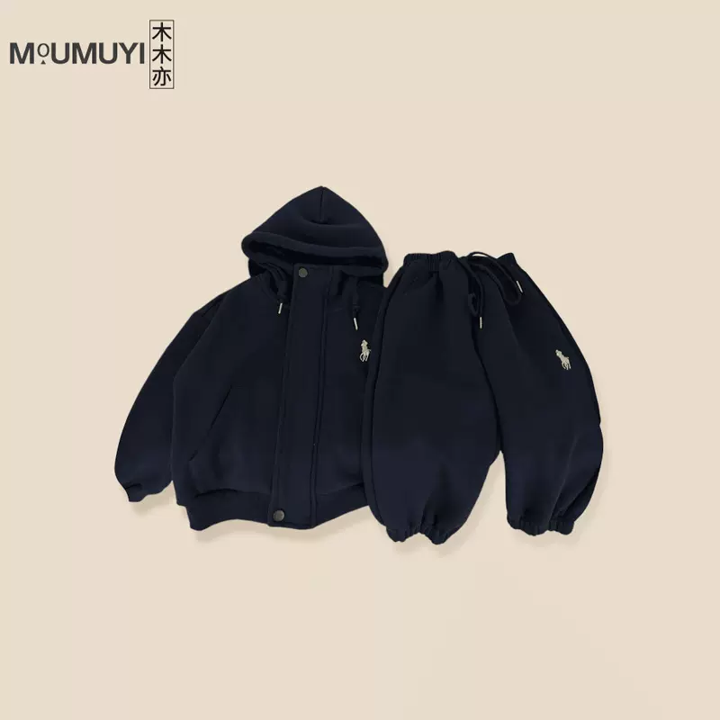 儿童韩版加绒套装2025冬季新款男童加绒卫衣卫裤两件套洋气刺绣潮