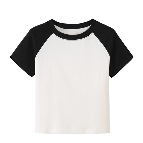Short-sleeved pure cotton T-shirt for women, summer slimming, contrasting color, dropped shoulder round neck top