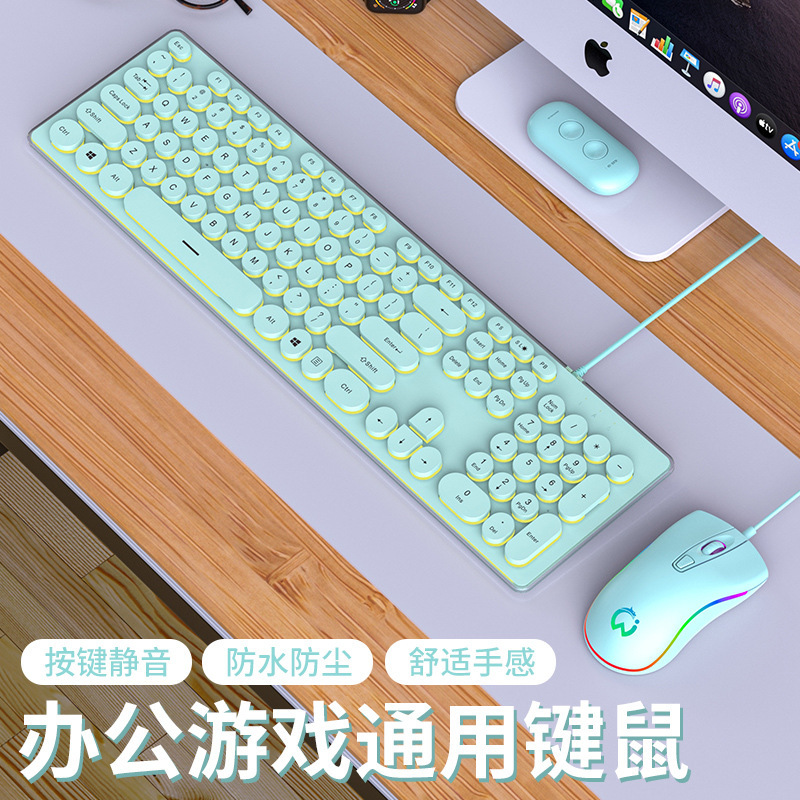 Silent Keyboard and Mouse Set, Punk Mechanical Feel, Wired, for Girls, Office Use, Tactile, Soft Sound Keys, Keycaps